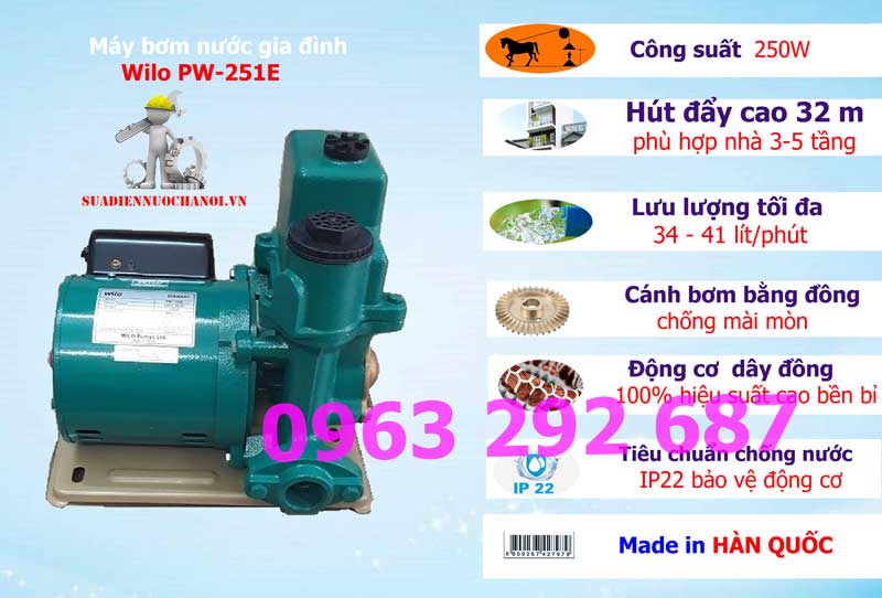 Máy bơm nước gia đình Wilo PW-251E 3- 5 tầng